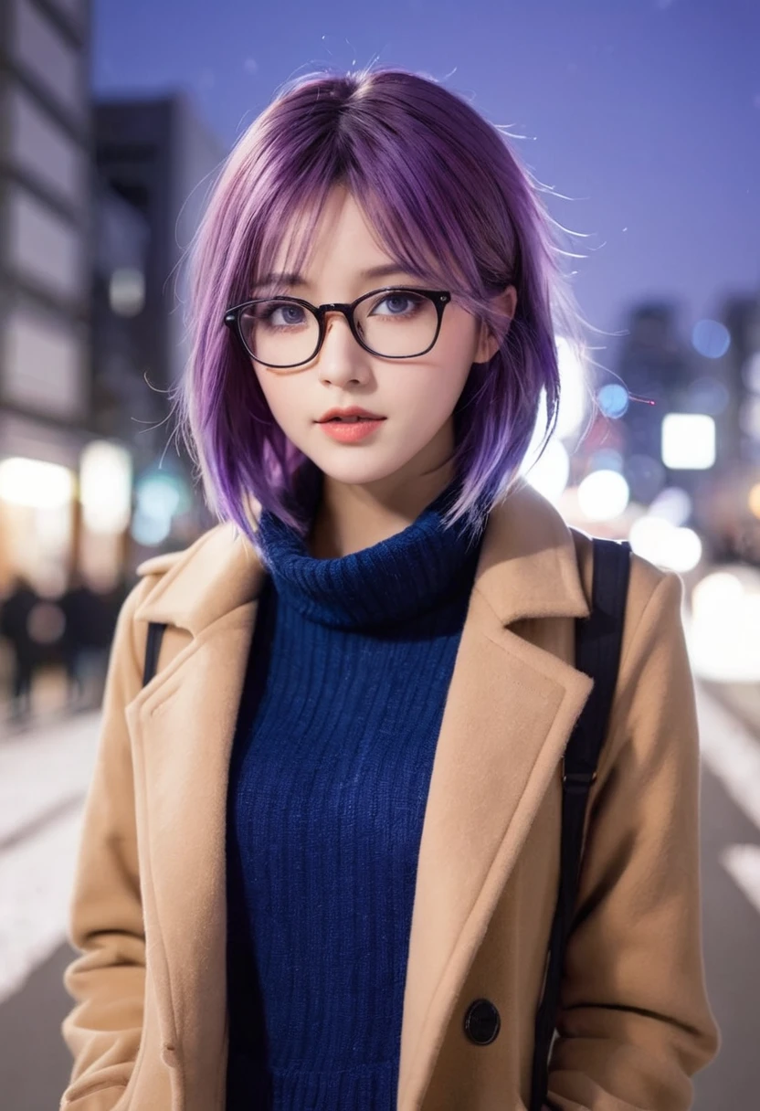 1 girl, purple hair, beautiful hair, blue eyes, make up, perfect face, perfect body, winter, tokyo, night, coffee, glasses, wolfcut hairstyle