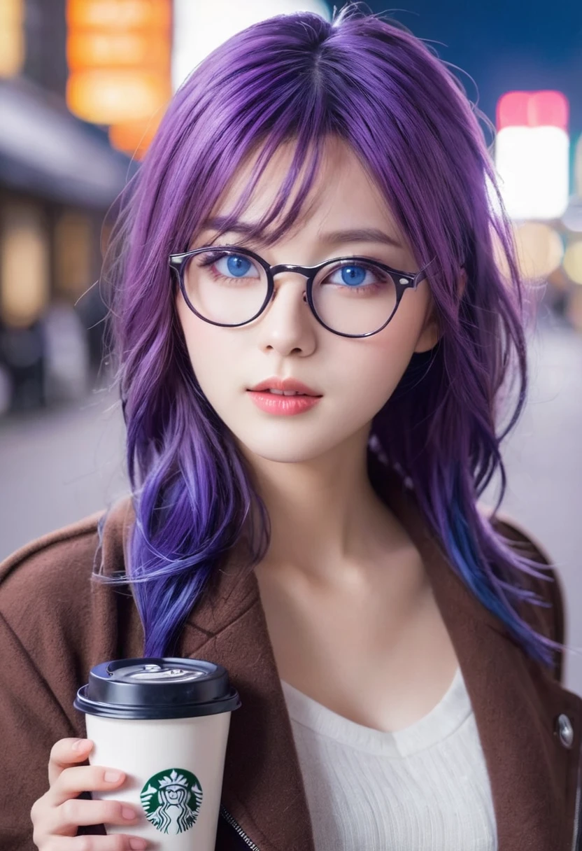 1 girl, purple hair, beautiful hair, blue eyes, make up, perfect face, perfect body, winter, tokyo, night, coffee, glasses, wolfcut hairstyle