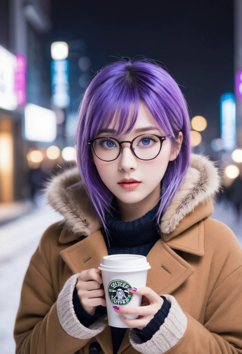 1 girl, purple hair, beautiful hair, blue eyes, make up, perfect face, perfect body, winter, tokyo, night, coffee, glasses, wolfcut hairstyle