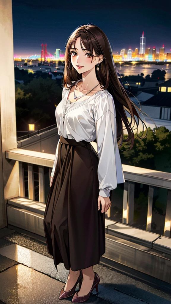 (masterpiece:1.3, Highest quality, Ultra-high resolution, Super detailed), (Realistic, photoRealistic:1.4), Beautiful illustrations, Perfect lighting, colorful, Depth of written boundary,
Beautiful detailed hair, Beautifully detailed face, Beautiful fine details, Beautiful clavicle, Beautiful body, 美しいLarge , Beautiful thighs, Beautiful feet, Beautiful fingers,
View Viewer, Full Body Shot、Front view:0.6, 1 girl, Japanese, Female college student, Perfect Face, (Perfect Anatomy, Anatomically correct), Cute and symmetrical face, Baby Face, , Shiny skin,
coat、((blouse:1.4,)) ((Long skirt:1.4)),(pumps:1.4)
(Dark brown hair, Medium Straight Hair:1.4), Dark brown eyes, (Large Breasts,
necklace, (Small earrings:1.3),
(Beautiful views), (night), (city, cityscape in the distance), Are standing, (Smile, Lips parted),