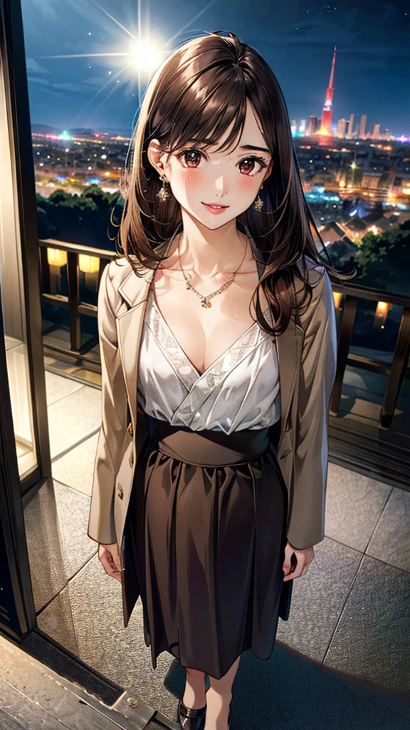 (masterpiece:1.3, Highest quality, Ultra-high resolution, Super detailed), (Realistic, photoRealistic:1.4), Beautiful illustrations, Perfect lighting, colorful, Depth of written boundary,
Beautiful detailed hair, Beautifully detailed face, Beautiful fine details, Beautiful clavicle, Beautiful body, 美しいLarge Breasts, Beautiful thighs, Beautiful feet, Beautiful fingers,
View Viewer, Full Body Shot、Front view:0.6, 1 girl, Japanese, Female college student, Perfect Face, (Perfect Anatomy, Anatomically correct), Cute and symmetrical face, Baby Face, , Shiny skin,
coat、((blouse:1.4,)) ((Long skirt:1.4)),(pumps:1.4)
(Dark brown hair, Medium Straight Hair:1.4), Dark brown eyes, (Large Breasts), thin,
necklace, (Small earrings:1.3),
(Beautiful views), (night), (city, cityscape in the distance), Are standing, (Smile, Lips parted),