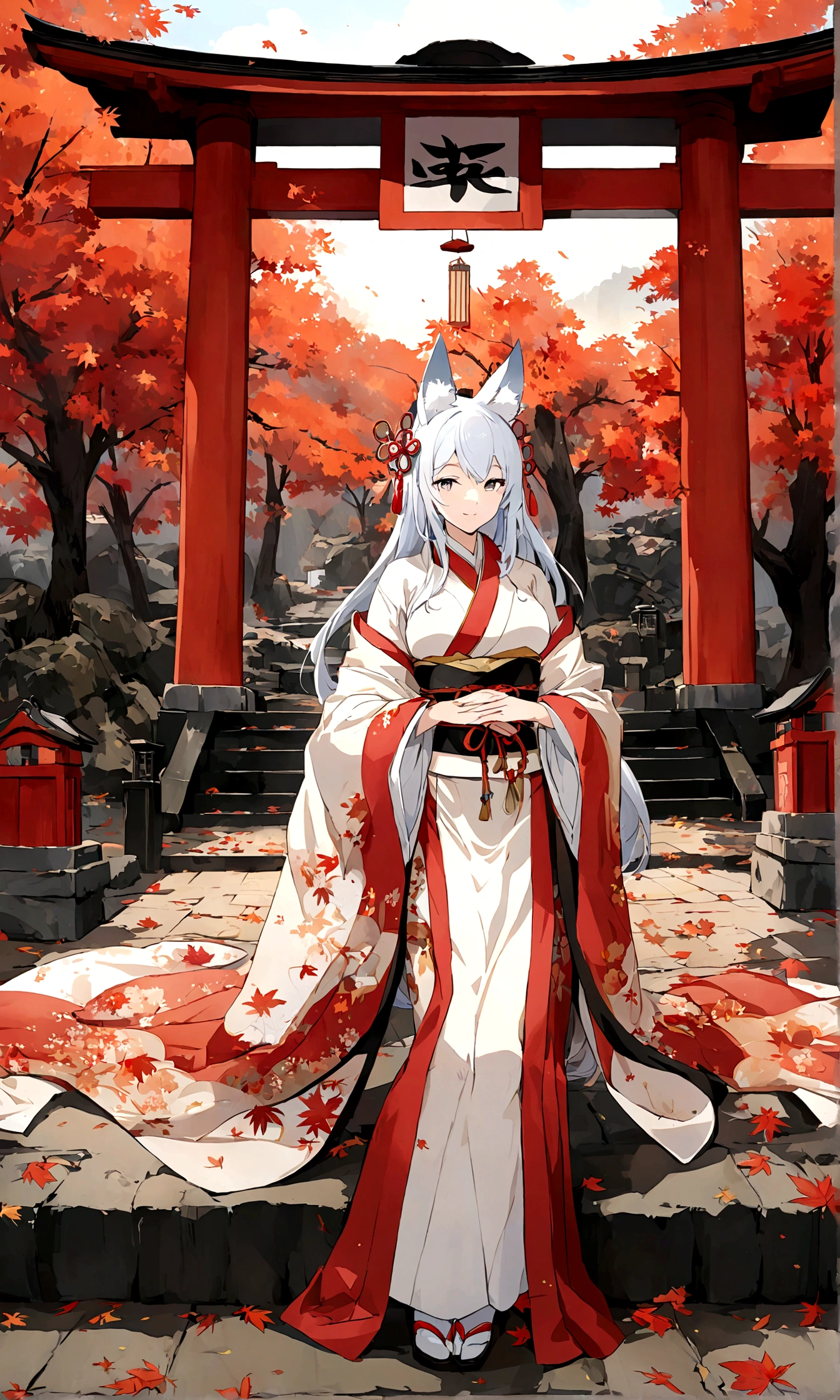 (Fox ears),Mature and elegant,身穿kimono的女性、Long hair,(kimono,White tabi and geta),shrine,Shrine maiden,Gentle smile,美丽的shrine风景,Autumn,maple,Anime Background,Japanese art style,, 8K,fallen leaves