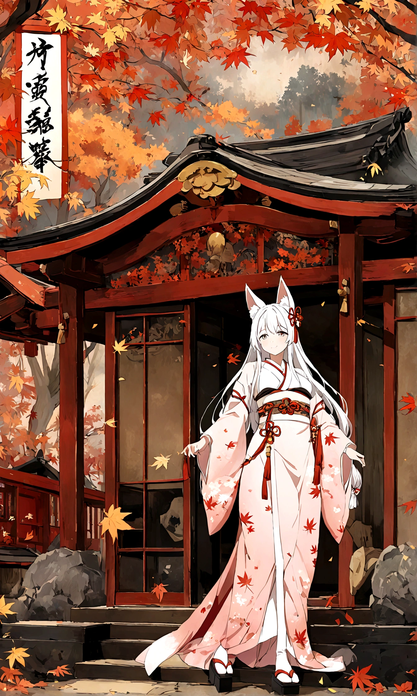 (Fox ears),Mature and elegant,身穿kimono的女性、Long hair,(kimono,White tabi and geta),shrine,Shrine maiden,Gentle smile,美丽的shrine风景,Autumn,maple,Anime Background,Japanese art style,, 8K,fallen leaves