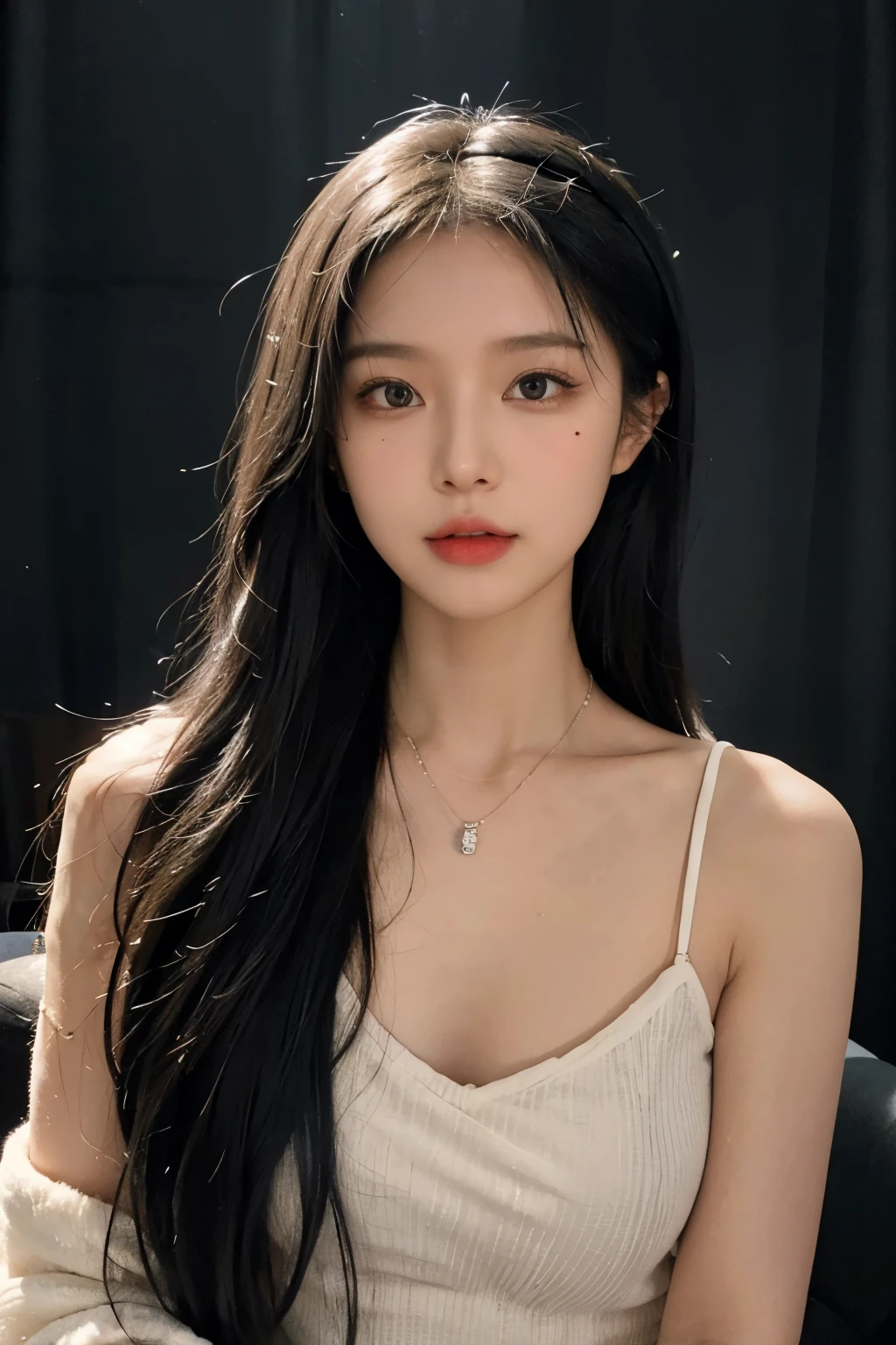 black hair, hair bobbles, longeyelashes, blonde hair, drill hair, hairband, mole under eye, parted lips, anaglyph, atmospheric perspective, chiaroscuro, cinematic lighting, ray tracing, Fujicolor, negative space, f/4.0, 135mm, Fujifilm, 8k, super detail, best quality, UHD, anatomically correct, textured skin, super detail, highres beautiful young girl pendant necklace,Necklace details,Necklace on the neck,model,Dynamic poses,Full body portrait,Arm coordination