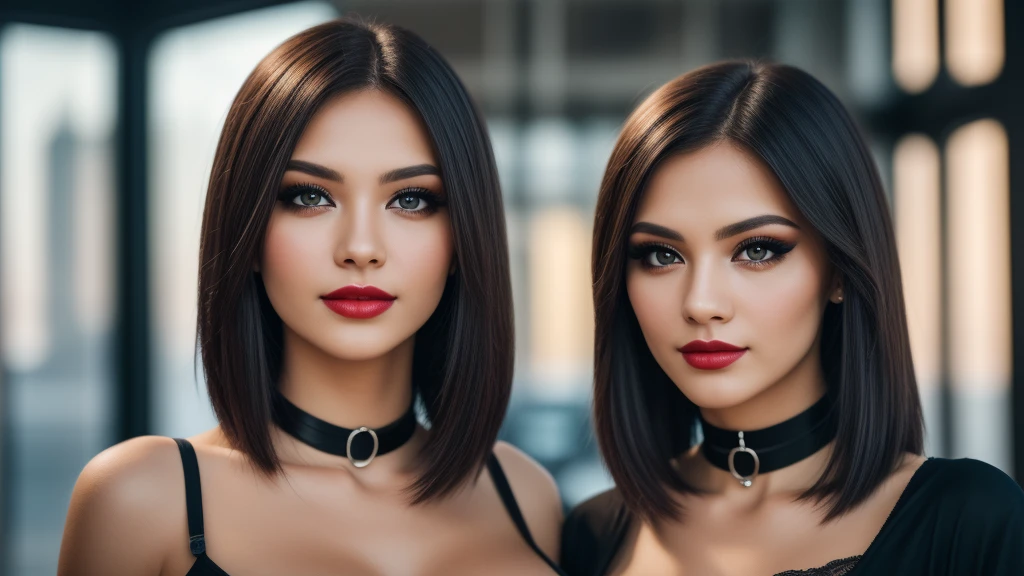 masterpiece,best qualtiy,hdr, hyper HD, 8K,Bokeh,Ultra-fine painting,Sharp focus,Physically-based rendering,Extreme detail description,half-body photo, 2 women, 18 years old, (long Shag_cut hair), (big breasts:1.3), (smile:0.95), choker, (black eyeshadow:1.1), (red lips:0.90), looking at viewer, (EOS R8, 50 millimeters, F1.2, 8K, RAW photo:1.2)