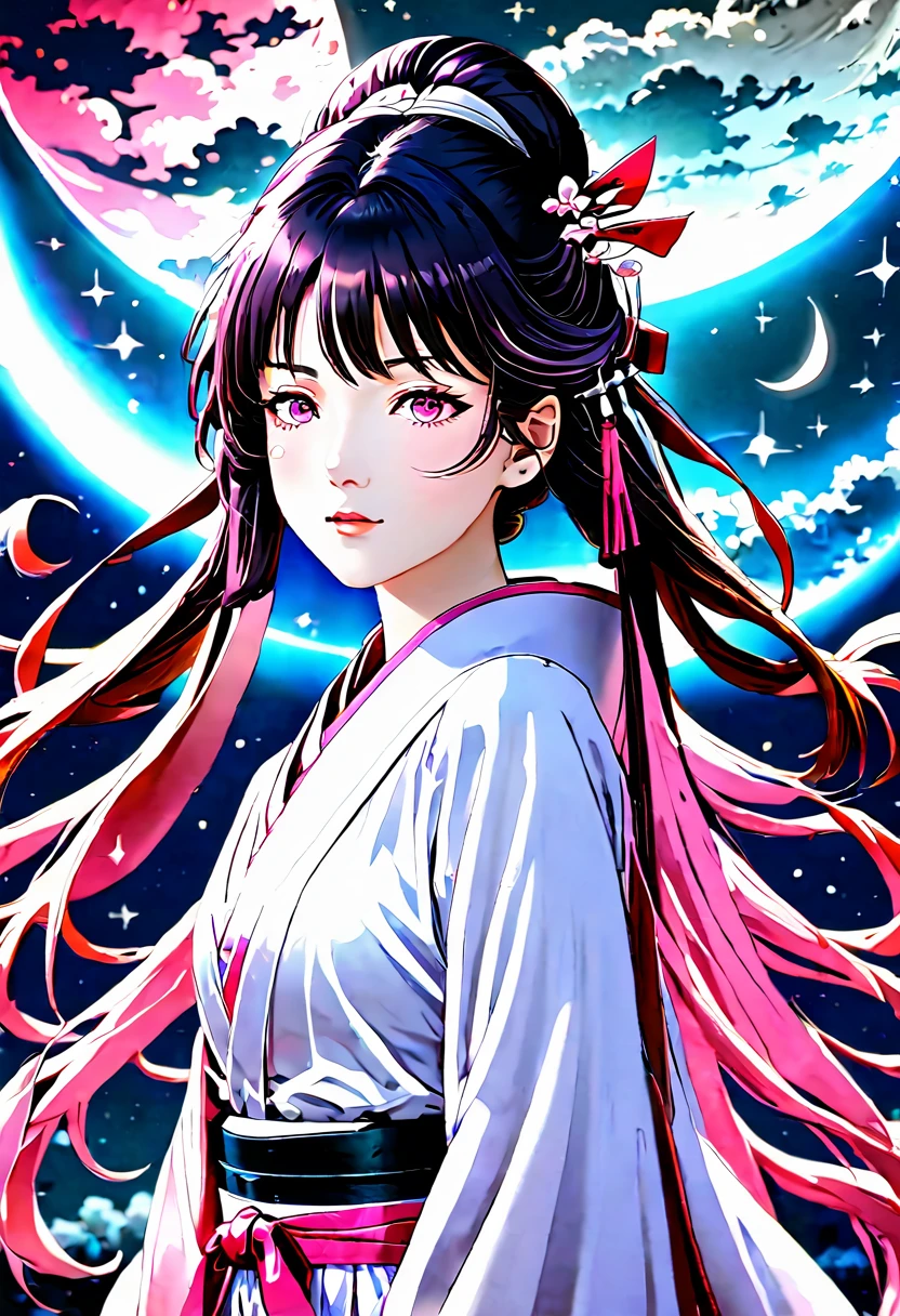 (Princess Kaguya)、Kaguyahime、(((Dark pink long hair 1,5)))、(((Center Parting)))、Medium breast、((Long-sleeved kimono))、((((Background: Watching over the Earth from the Moon))))、((Tsukihime))、masterpiece:1.2), Highest quality, High resolution, unity 8k wallpaper, (figure:0.8), (Detailed and beautiful eyes:1.6), Highly detailed face, Perfect lighting, Extremely detailed CG, (Perfect hands, Perfect Anatomy), P, Anime Girls, best anime 4k, wallpaper, Detailed digital anime art, Detailed anime artワーク, anime art wallpaper 4k, anime art wallpaper 4k, Detailed anime art, anime wallpaper 4k, anime wallpaper 4k, Anime art wallpaper 8K, 4k anime wallpaper, 8k high quality detailed art、
