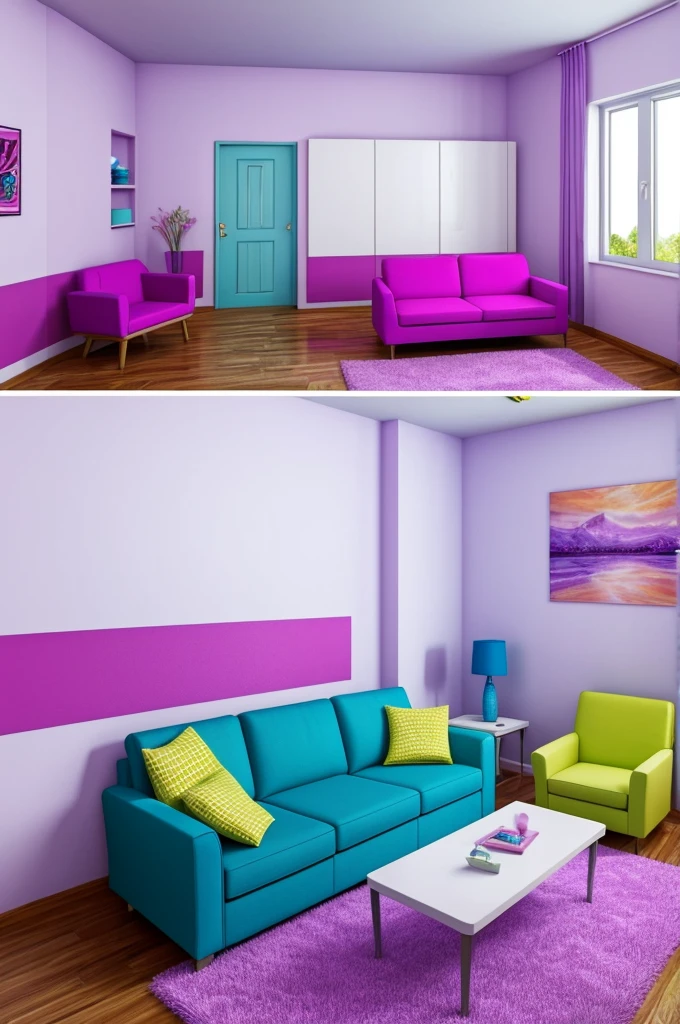a drawing of a living room with a blue couch, interior background art, very detailed backgrounds, detailed backgrounds, painting of a room, personal room background, cartoon network stillframe, background art, a room, random background scene, empty room, an interior of room, sunrise coloring the room, living room background, courage the cowardly dog, lou romano color scheme. in the pastel colors of Black, White, pink, neon green, purple, and cerulean blue. very spacious room, realism, ultrarealistic