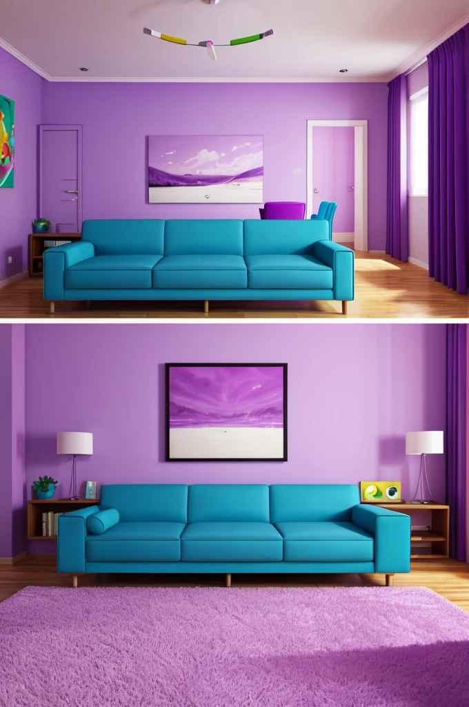 a drawing of a living room with a blue couch, interior background art, very detailed backgrounds, detailed backgrounds, painting of a room, personal room background, cartoon network stillframe, background art, a room, random background scene, empty room, an interior of room, sunrise coloring the room, living room background, courage the cowardly dog, lou romano color scheme. in the pastel colors of Black, White, pink, neon green, purple, and cerulean blue.  very spacious room, realism, ultrarealistic