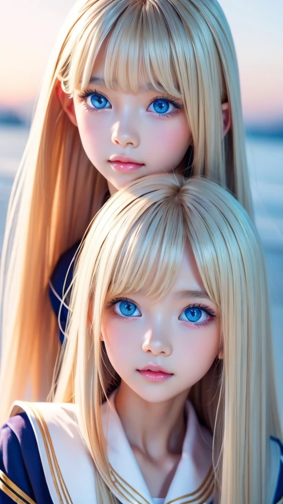 Beautiful girl with a pretty face、beautiful blonde straight super long hair、Half Body Shot、Beautiful long bangs hanging over the face、Very beautiful, bright, pale sky blue eyes、Very big eyes、Blonde hair between the eyes、Round face、Blonde hair above the eyes、片Blonde hair above the eyes、、Sailor suit、Very white and young skin、Cheek gloss、Cheek highlighter、Small Face Beauty