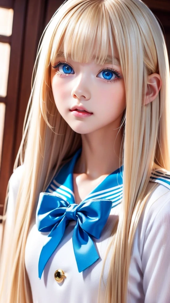 Beautiful girl with a pretty face、beautiful blonde straight super long hair、Half Body Shot、Beautiful long bangs hanging over the face、Very beautiful, bright, pale sky blue eyes、Very big eyes、Blonde hair between the eyes、Round face、Blonde hair above the eyes、片Blonde hair above the eyes、、Sailor suit、Very white and young skin、Cheek gloss、Cheek highlighter、Small Face Beauty