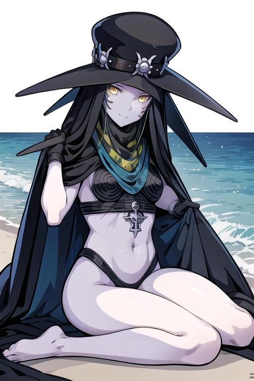 Masterpiece, best quality, Scathach, solo, female1, shin megami tensei, cape hat, black cape, flower tattoo, gloves, white skin, (yellow eyes 1.1), flowing, sitting, shirt, smile, park, beach