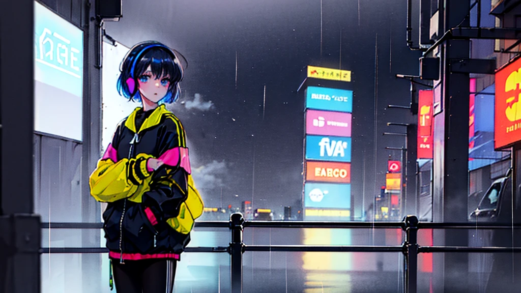 Black short Hair, night, black jacket, One Woman, Headphones、Cyberpunk City、neon、Detailed cityscape、rain