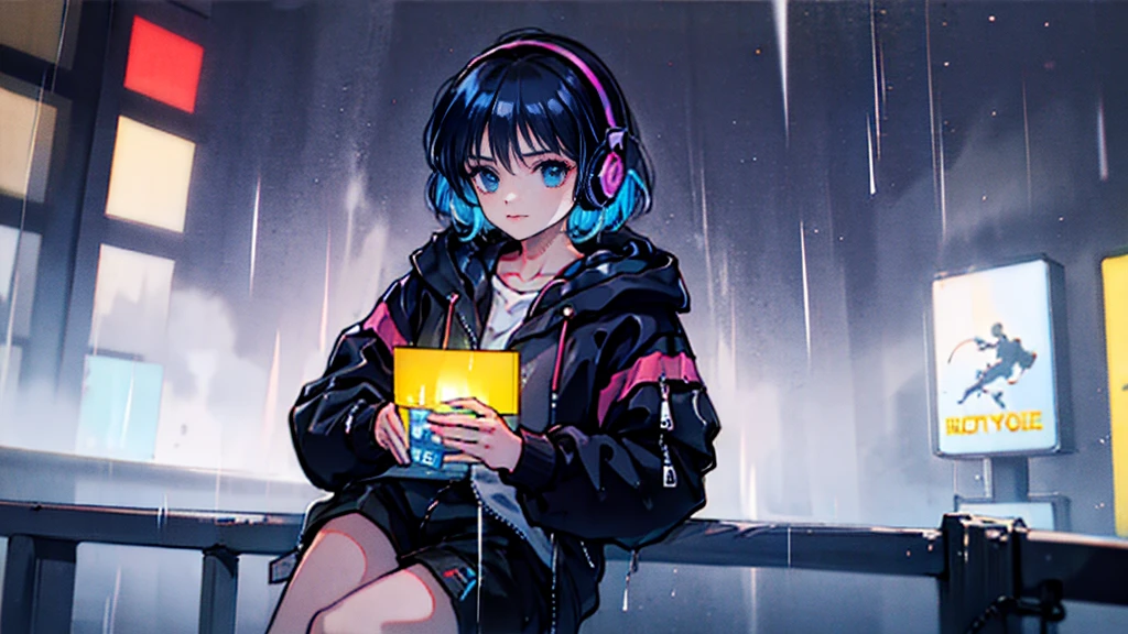 Black short Hair, night, black jacket, One Woman, Headphones、Cyberpunk City、neon、Detailed cityscape、rain