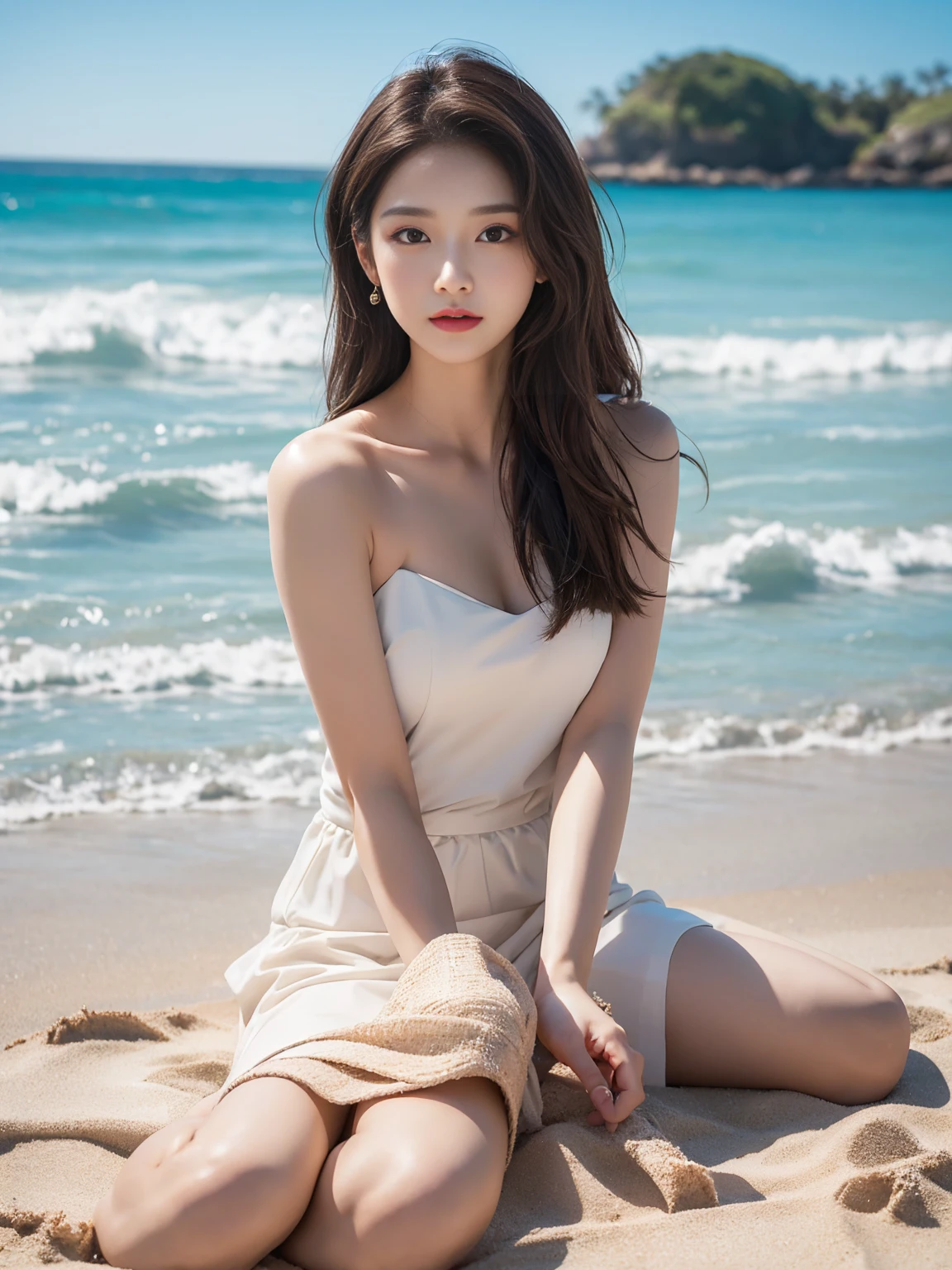 bird틴 롱 드레스,, (masterpiece, best quality:1.2), 1 woman, alone, ((bare shoulders)), (In fact:1.37), ((lie on the beach)), ((bird'eye view shot)), sweet virgin, beautiful妆容, exquisite makeup, Extremely beautiful eyes, long hair, Perm, slim body, ((big bust, big bust, split)), sexy slim legs, the skirt is short, 섹시한 다리가 bird어나온다, Graceful posture, dynamic pose, best quality, correct, correct的手, correct的腿, 解剖学correct, official art, complicated, Detail的脸, Detail, lifelike, Very Detailed, amazing, beautiful, young and energetic, Attractive models, Meticulous CG uniform 8k wallpaper