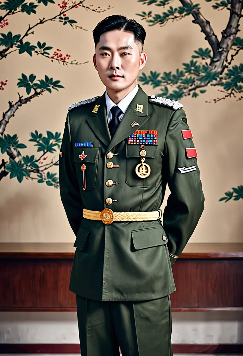 Wearing、Arafu man wearing medal and tie, Portraits inspired by Kim Hwan-gi, shutter, The art of math, wearing military uniform, wearing a military uniform, in military uniform, Official photos,Chinese Male, Wearing full military uniform, Official, military uniform, Who is Shi Yu?, 穿着military uniform, Official photo, military uniform