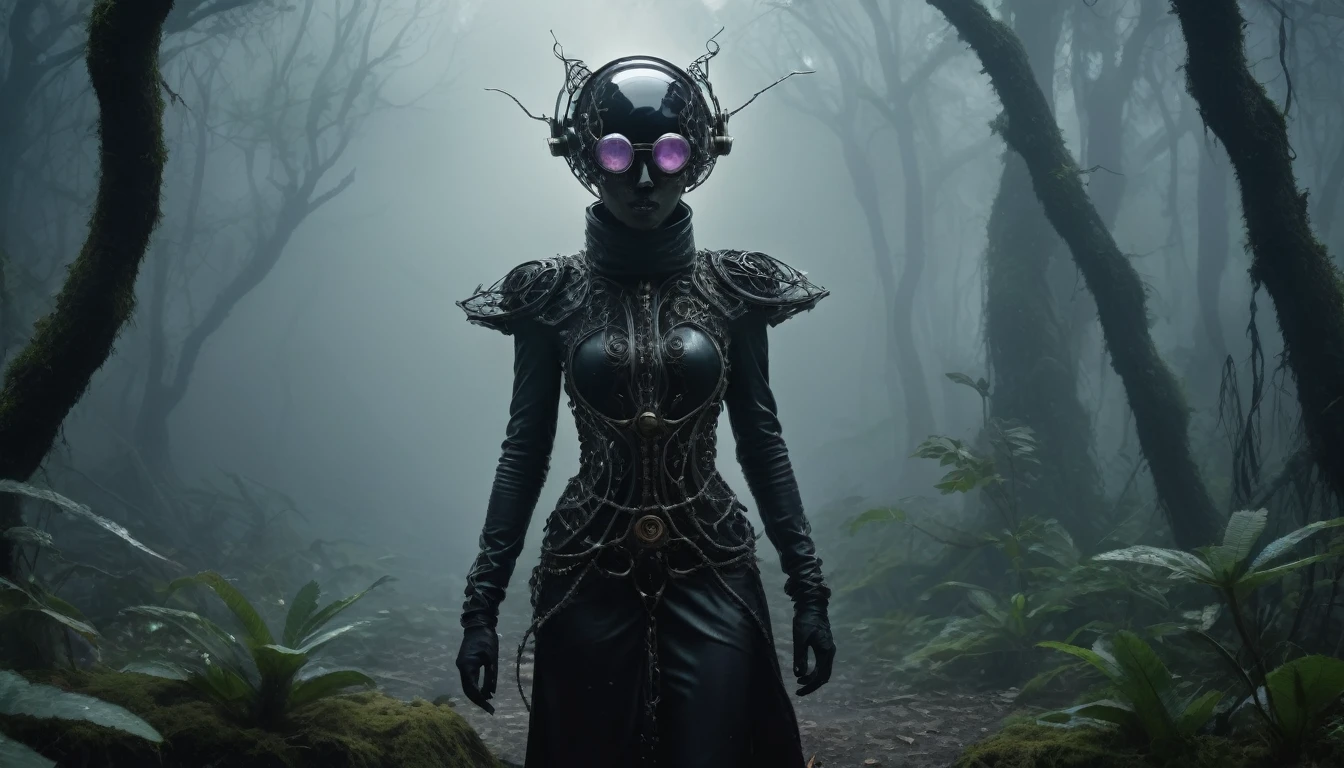abandoned young niobium glass junkie's mummy made of dead crystal plants, foggy Louisiana forest, radioactive atmosphere,charcoal mechanical clockwork , steampunk dark horror fantasy, ominous fairyland,large number of stars fly towards the viewer,ruined theme,lots of toxic dust,amazon,full body length shot,once pretty face,full body length, eerie atmosphere, ethereal presence, toxic mists, supernatural entities, sinister aura, dark and twisted branches, macabre elements, eerie and ominous lighting,Complicated detail,captivating creation,intricate details,extremely detailed,masterpiece,intricate details,eyes extremely detailed, high detailed eyes,32k resolution, Nikon Z9,like Stone Forest in Yunnan Province of China,Simon Stalenhag,Nicola Samori,Wangechi Mutu, horror movie, cinematic look, creepy aesthetic, ultra detailed, photorealistic, masterpiece,(professional 3d render:1.3),junkie,matte black and (pink:0.4), organic outfit with a curved mask and a glass dome visor, fashionable alien junkie, vespertine, futuristic clothing and glass, movie stile, avante garde design stylings inspired by white and black squares and curves(Intricate:1.4), decadent