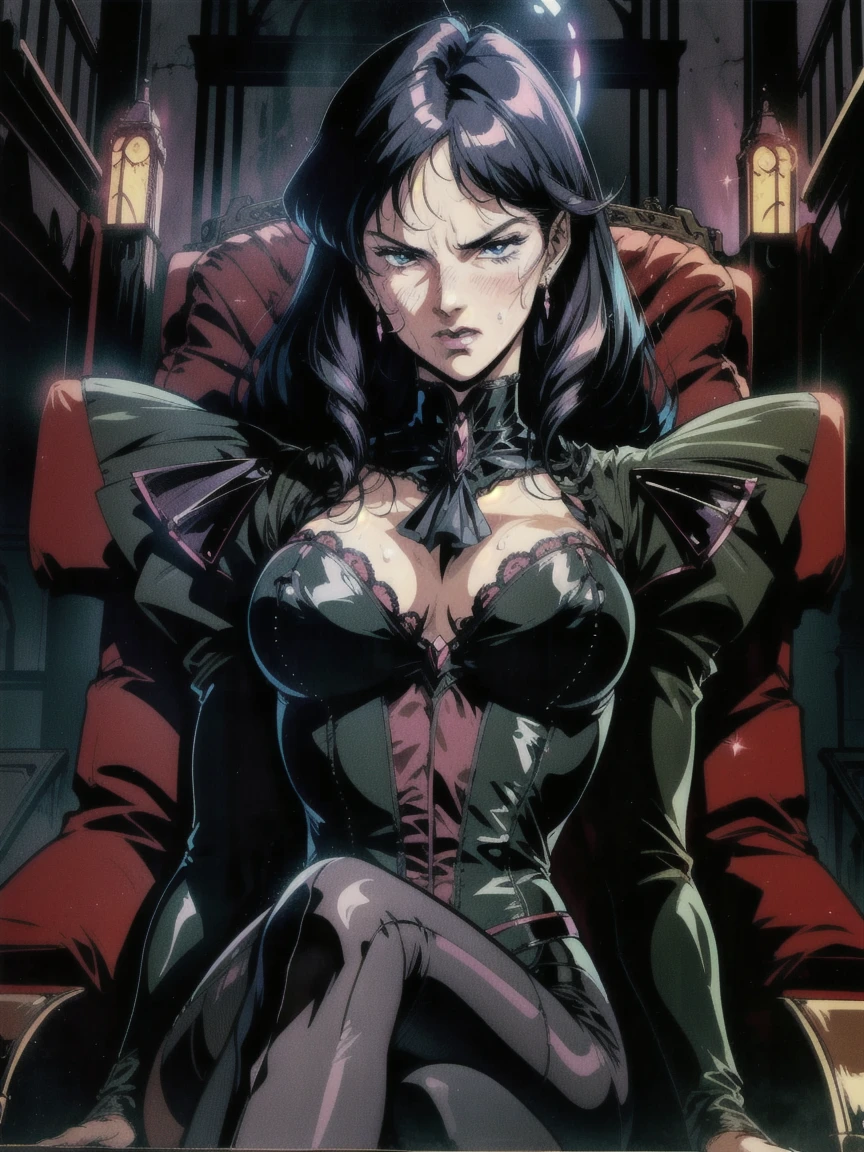 ((((retro anime)) of a gothic vampire piloting a gothic ruby mech)), (from below), close-up, (fisheye), ((gothic (control panels) everywhere)), ((mature)), ((vampiric)), (iridescent bodysuit), lace accessories, dark big lips, ((baroque pilot seat)), ((leaning back sitting pose)), ((elegant)), (((serious tone))), futuristic, top spacecraft control panel, ((dark place)), ((low-light)), intricate control panel details, 1990s (style), [blushing], sweat, masterpiece, claustrophobic, sparkles, red aura, limited colors