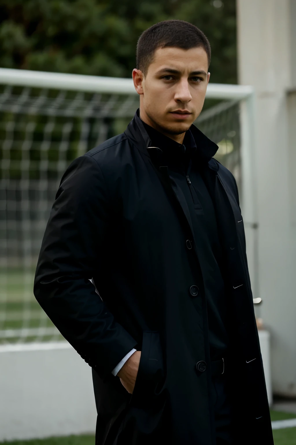 eden hazard standing in a coach outfit, eden hazard coach, soccer coach, black coat pent