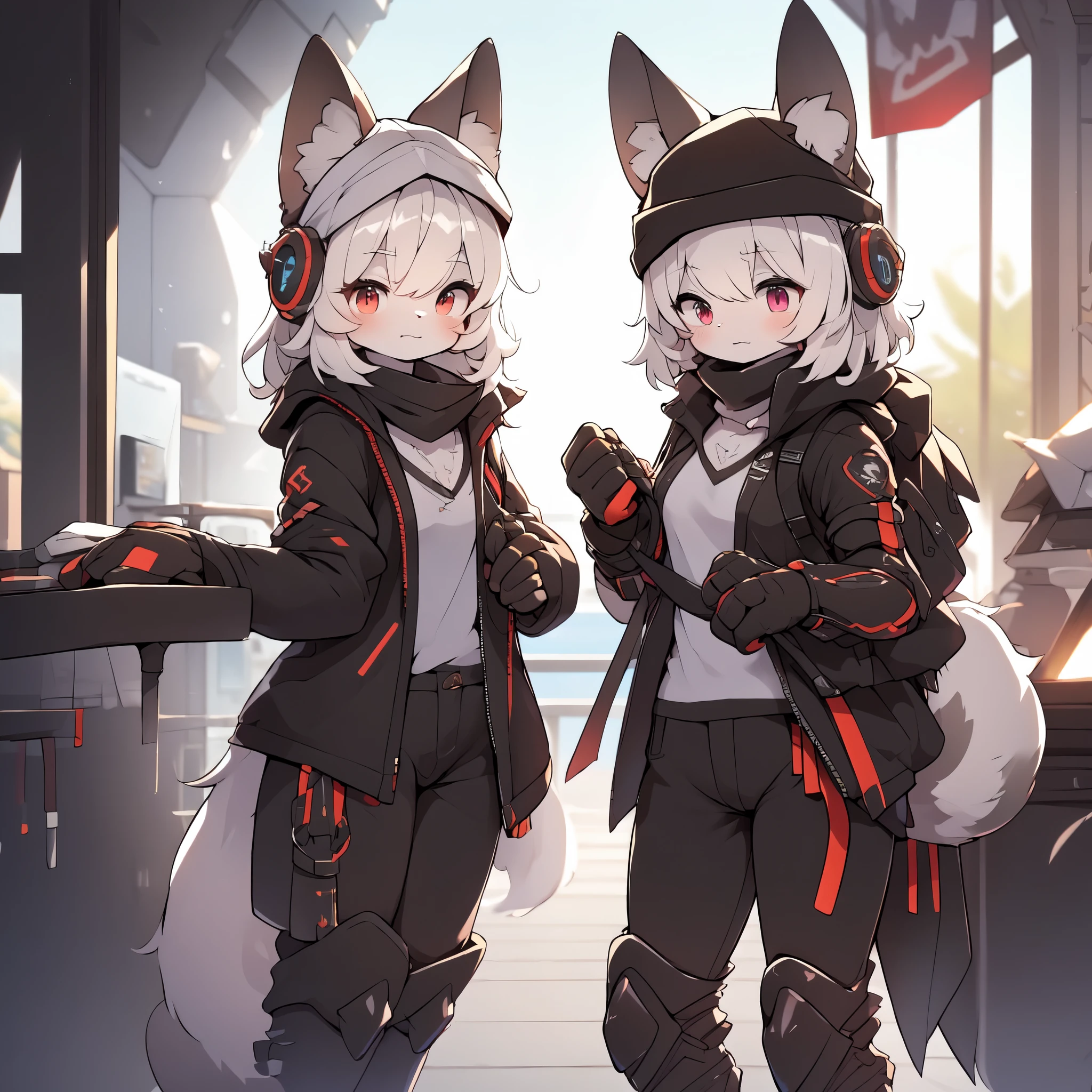 Kawaii, Striped Fluffy Fox, emaciated, long hair, 3girls, artificial synthetic skin, life support prosthetics, digital headphones, black tight latex bodysuit, white long dress, thigh-high-socks, shorts, loose off-the-shoulder hood open jacket, holsters in thigh, Mechanical boots, tactical knee pads, tactical belted loose Arm Sleeves, cybernetic Display gloves, chest rigs, tactical belts, blue archive halo, bulletproof goggles on forehead, from Ark nights, ray tracing, depth of field, bloom, masterpiece, ccurate, high details, highres