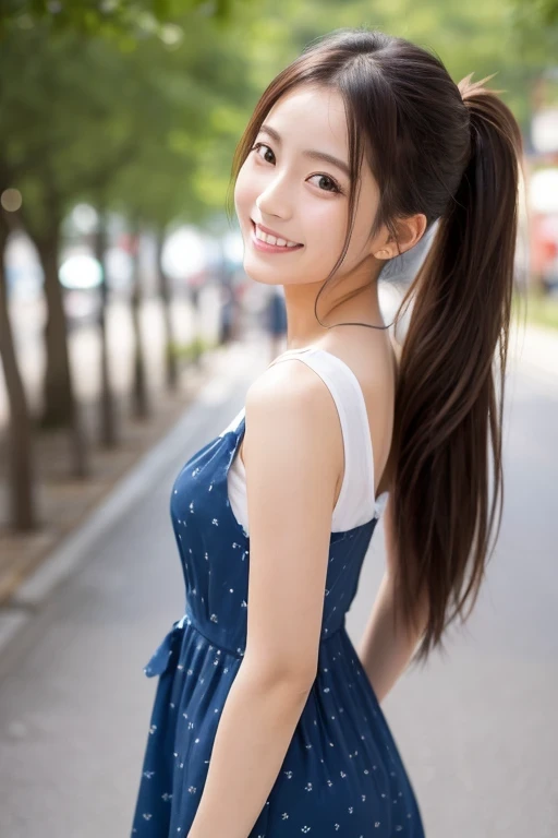 Produce the highest quality and highest resolution 8K images。The model is a 20-year-old Japanese woman.。The image depicts a person smiling at the camera and taking a commemorative photo at a tourist spot.。Draw the upper body of the model。She has brown eyes and a model figure.、She has an idol-level cute face.。The hair is in a ponytail。Skin has a healthy color。Clothes、She is wearing a cute dress.。
