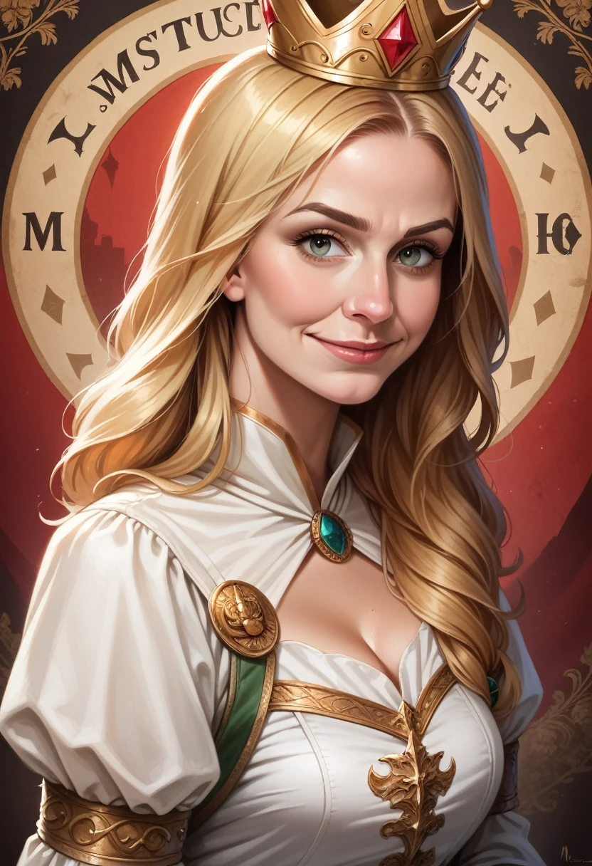 (1.woman, solo), 8K, ((muste piece:1.4)),(((highest quality))),((Super detailed)),((((Reality)))), photorealistic:1.37, (Super realistic), (An illustration), (High resolution), (very detailed), (The best An illustration), (Super detailed wallpaper), (details face), (beautiful expression), ((Details highest quality skins:1.2)), ((damp skin)), ((Reddish cheeks)), (Super detailed background, Detailed background), An absurd solution, blonde hair, emma stone, medieval queen, Green Valley, golden crown, diamond, Medieval architecture, portrait, dress, sultry look, seductive,  smirk, , inviting smile,