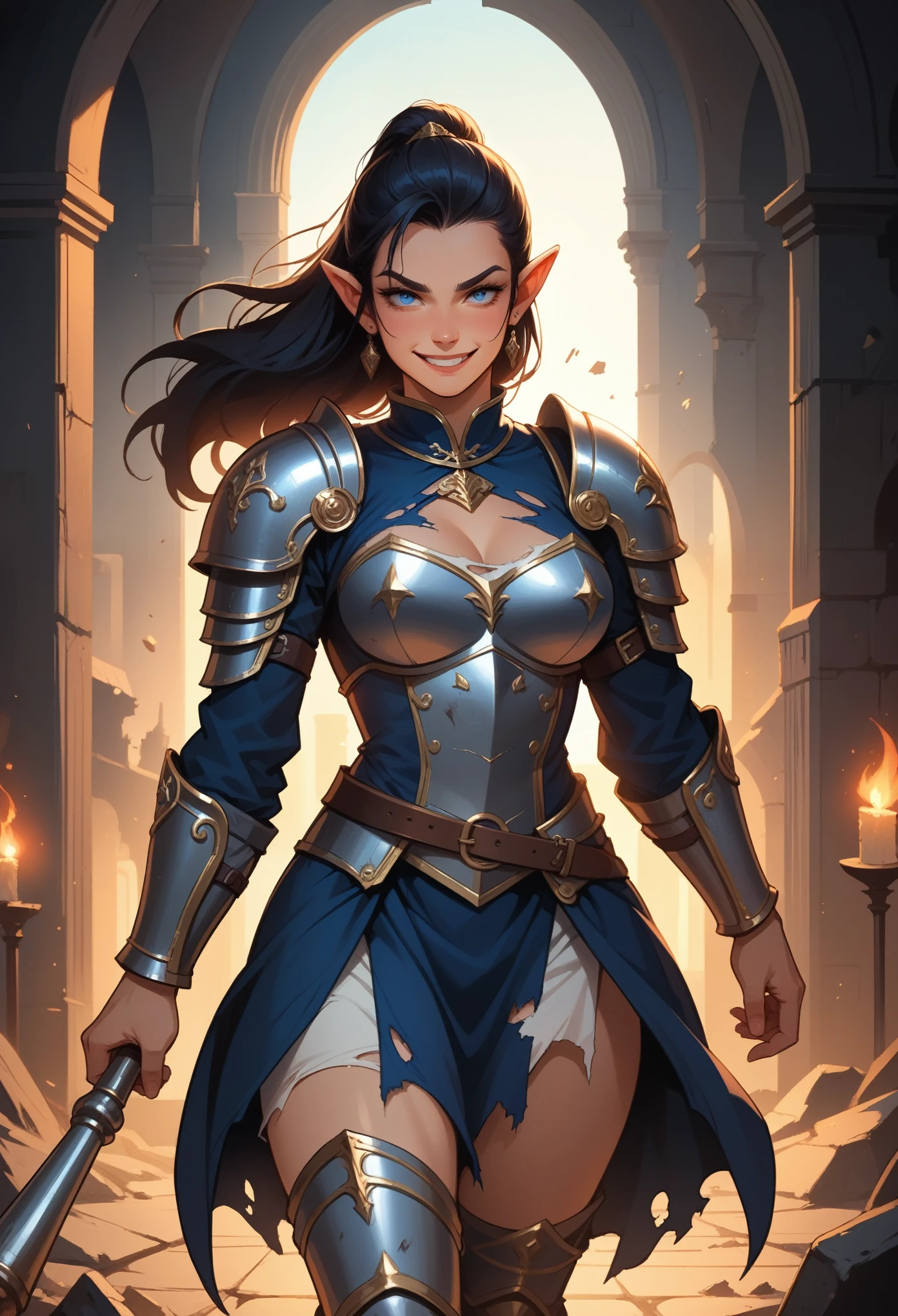 illustration of a resolute female elf with black hair intense blue eyes and a square jaw, running through a dungeon. She wears a striking armor chest plate, contrasting a billowing blue skirt with white lace details. her right hand holds a mace. Dramatic shadows accentuate her commanding presence while the torch's warm radiance envelops the scene. torn dress, damaged armor.
  sultry look, seductive,  smirk, , inviting smile, 