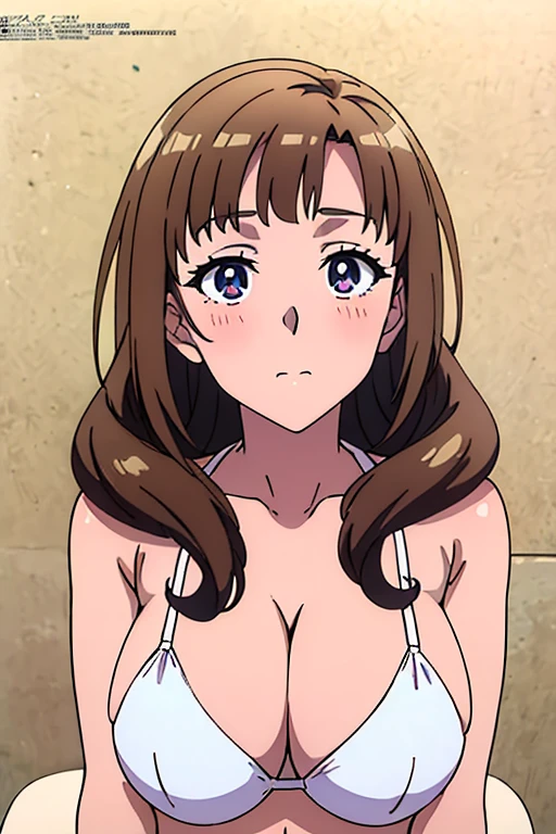 (anime cels style, megami magazine, poster style, best quality, high resolution, sharp image, 8k wallpaper, masterpiece), (beautiful detailed eyes, beautiful detailed face), Mamako, (brown hair, long hair, bangs), blush, (huge ), white bikini, (upper body, sitting), simple background, (perfect detailed anatomy, perfect detailed body, perfect arms, perfect fingers, shiny skin)