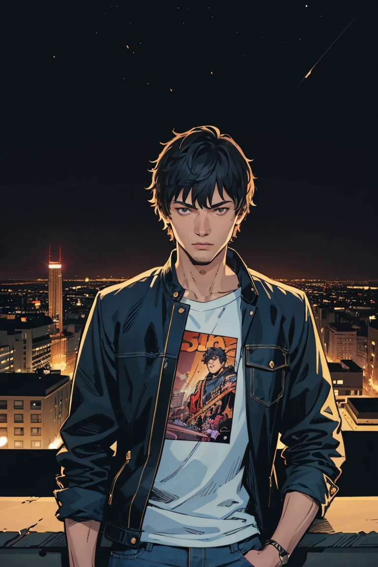 ((illustration)), (best quality)), ((masterpiece)), (detailed), ((night)), ager, solo, 1boy, male focus, black jacket, short hair, black hair, shaggy hair, jeans,  upperbody, cityscape, lineart, thick lines, comic cover, itadori, itadori_yuuji,