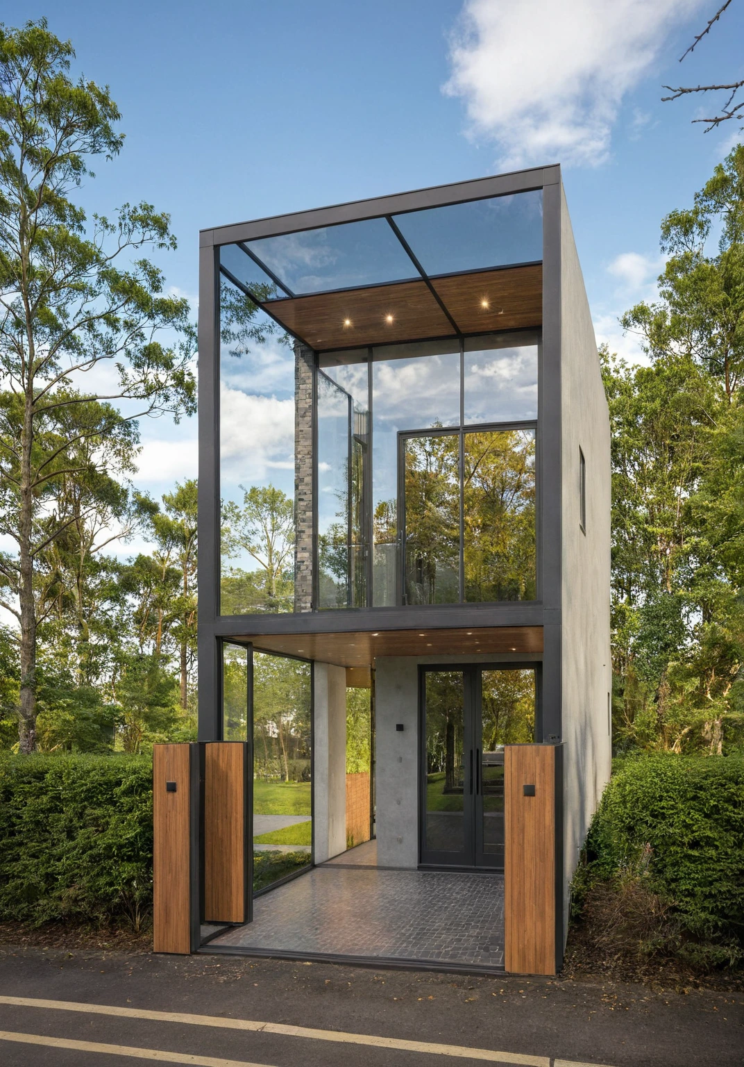 Photo brute,chef-d&#39;artwork, High quality, best quality, authentique, great detail,
Outside, en plein air, style de maison moderne dans la rue, glass windows, grille, plafond en bois,
route,pavement, des arbres, ciel, nuage, (day light:1.1)