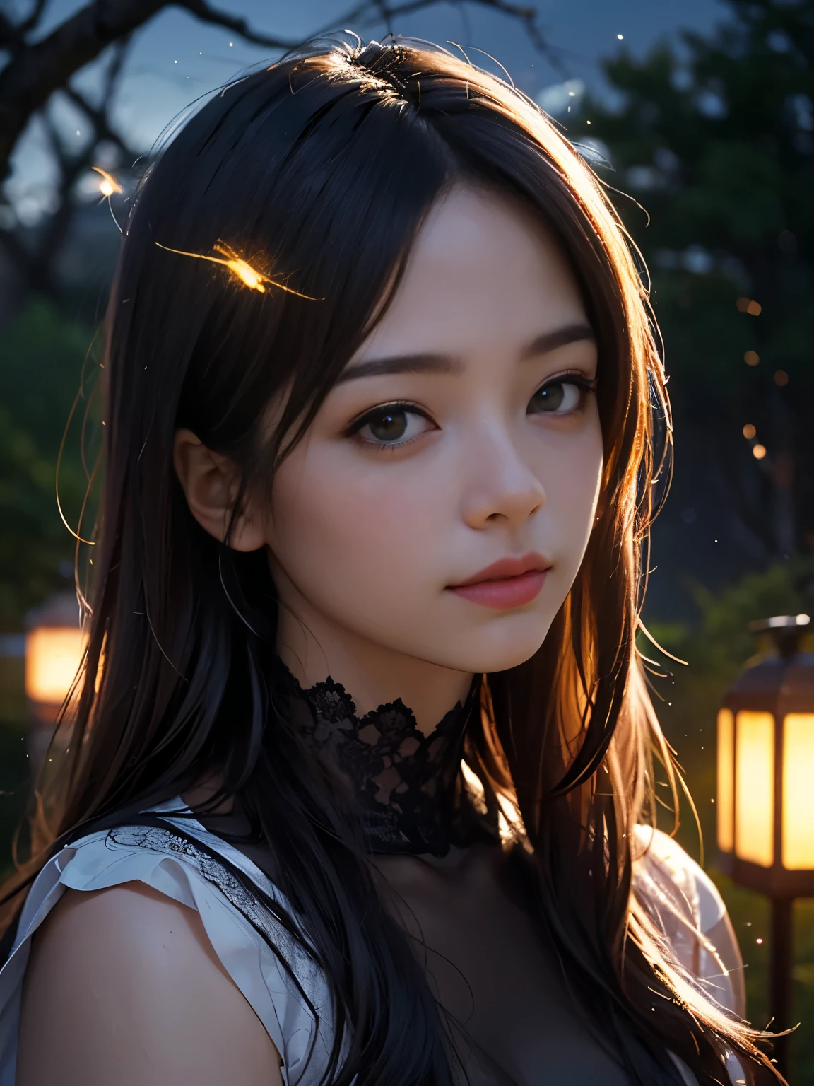 (8k, Highest quality, masterpiece: 1.2), (Realistic, photoRealistic: 1.37), Very detailed, One Girl, Wide viewing angles, Firefly Garden, Small faint lights and fireflies flitting about, night, Yasutomo Oka&#39;s painting style, Big Breasts, Intricate details, Splash screen, 8K resolution, masterpiece, Gentle smile, Mysterious Background, aura, A gentle gaze, break, blonde, Dynamic sexy pose,