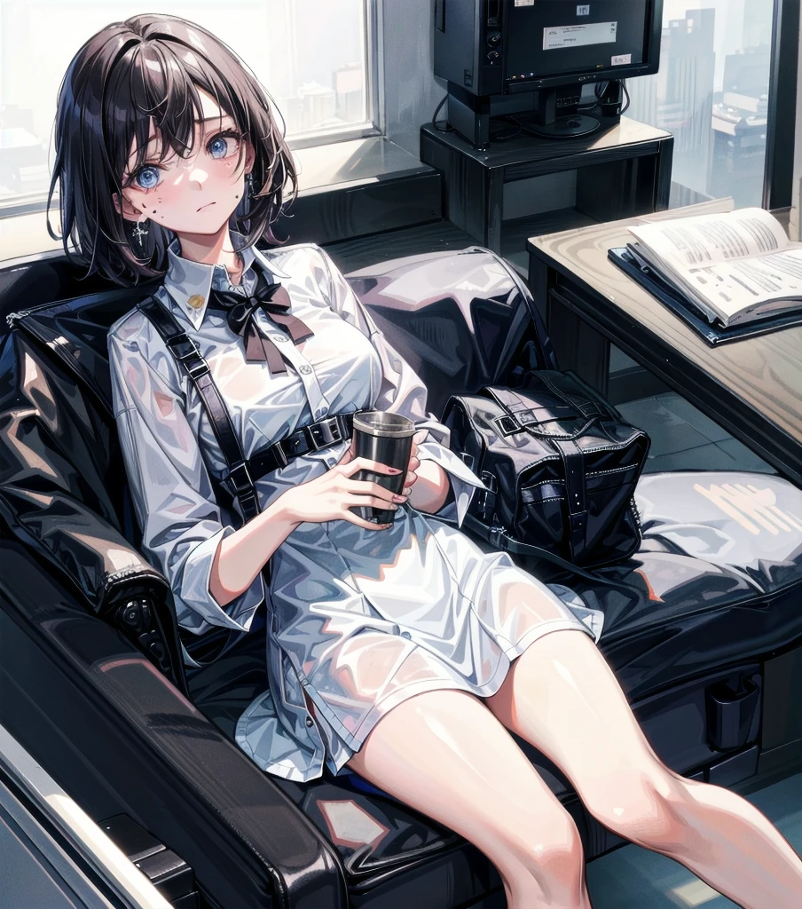 whole body, medium hair, medium tits, tearful mole, earring, collared shirt dress,