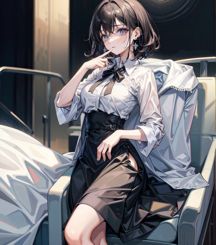 whole body, medium hair, medium tits, tearful mole, earring, collared shirt dress,