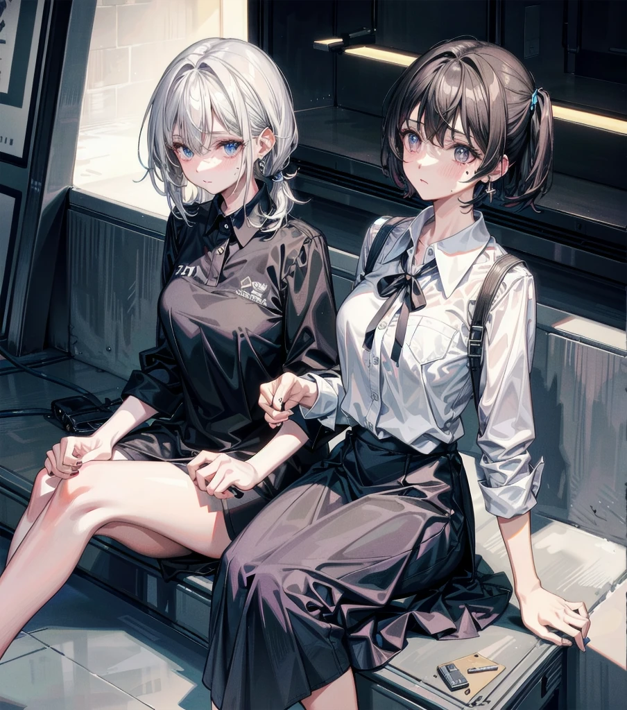 whole body, medium hair, medium tits, tearful mole, earring, collared shirt dress,