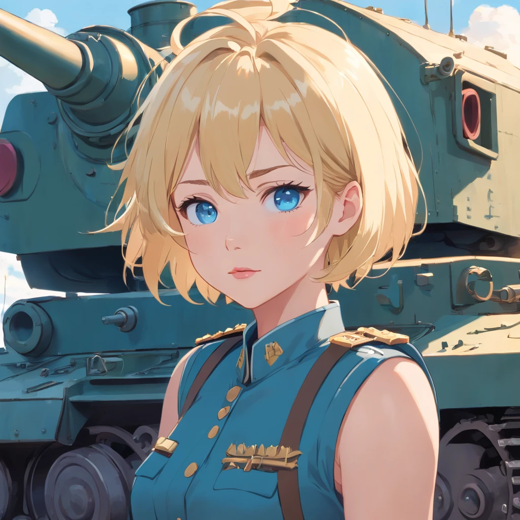 17 years old Women, ((Blonde)), ((Blue eyes)), ((Short hair)), ((Full shot)), very detailed makeup, pale pink lipstick, dressed in a German tank uniform leaning out of the turret hatch of a Panzer V panther