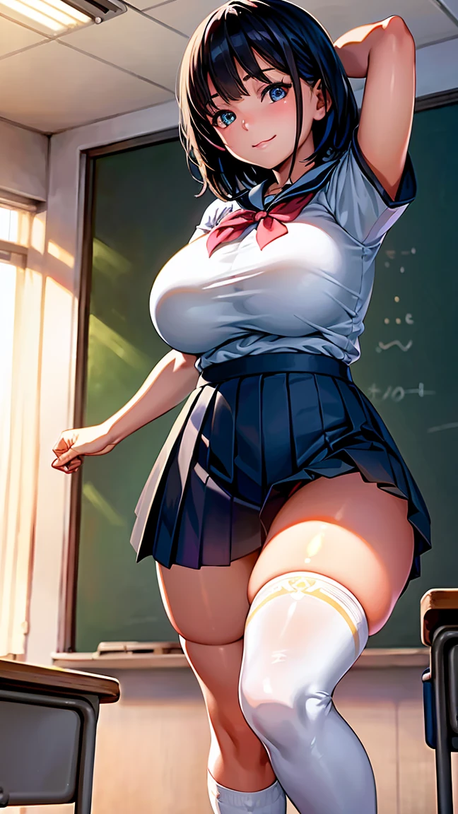 extremely detailed CG, super detailed skin, perfect anatomy, dynamic lighting, beautiful detailed eyes, (Photorealistic:1.4), Japanese Girls, (1 Girl), (young girl :1.6), Black Hair, Short Hair, blue eyes, Beautiful Eyes, Wide double eyelids, smile, (Huge breasts:1.3), (Curvy:1.4), (short sleeve, pleated skirt:1.5), (knee high socks:1.5)、(sunny:1.2), Are standing、arms behind back、 (classroom:1.5)、From below、(children:1.8)