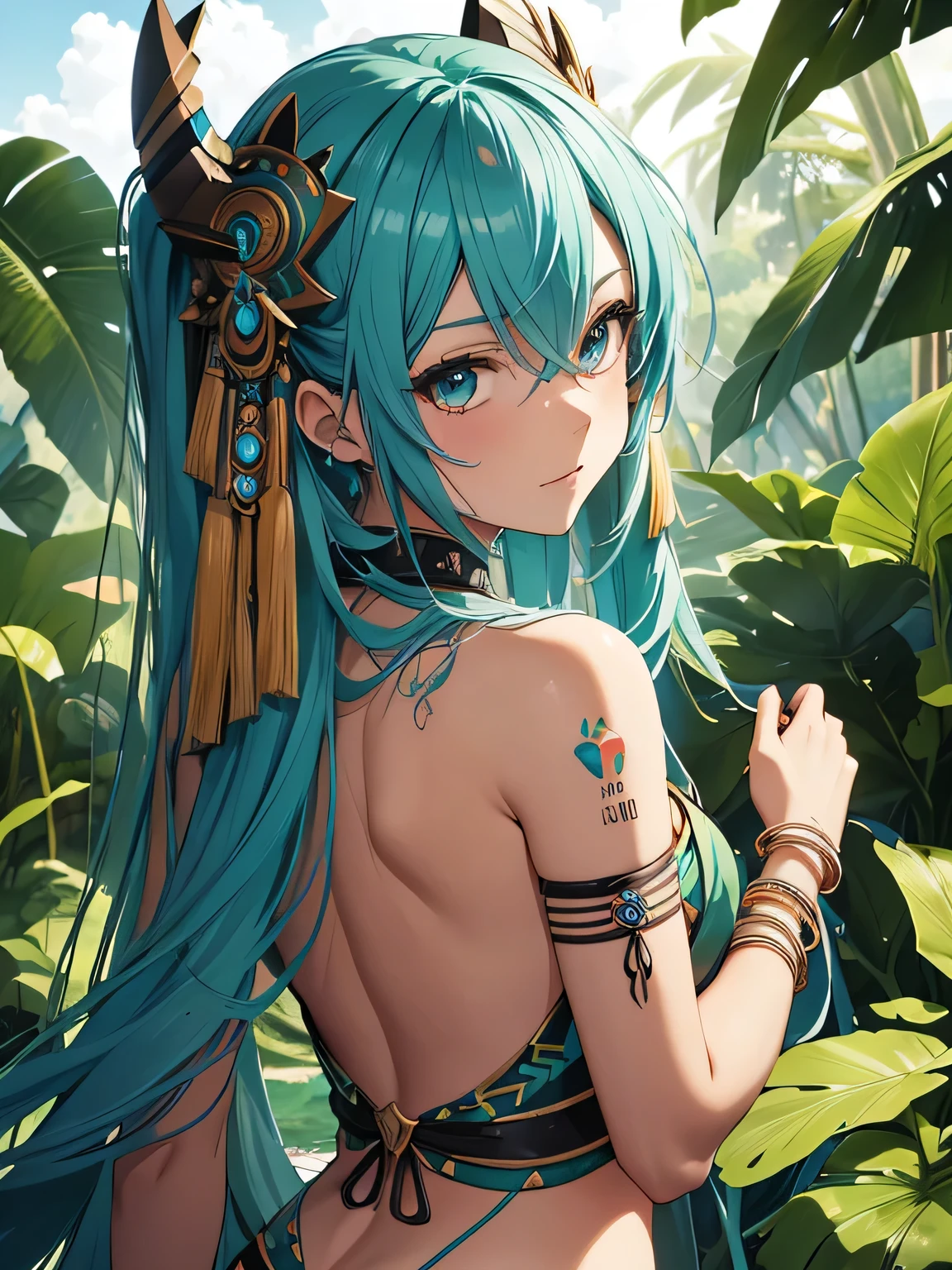 Miku Hatsune, piel bronceada, alta definicion, tatuaje tribal, prehispanic clothes, mayan gir, piramid maya landscape, jungle, tribal body paiting