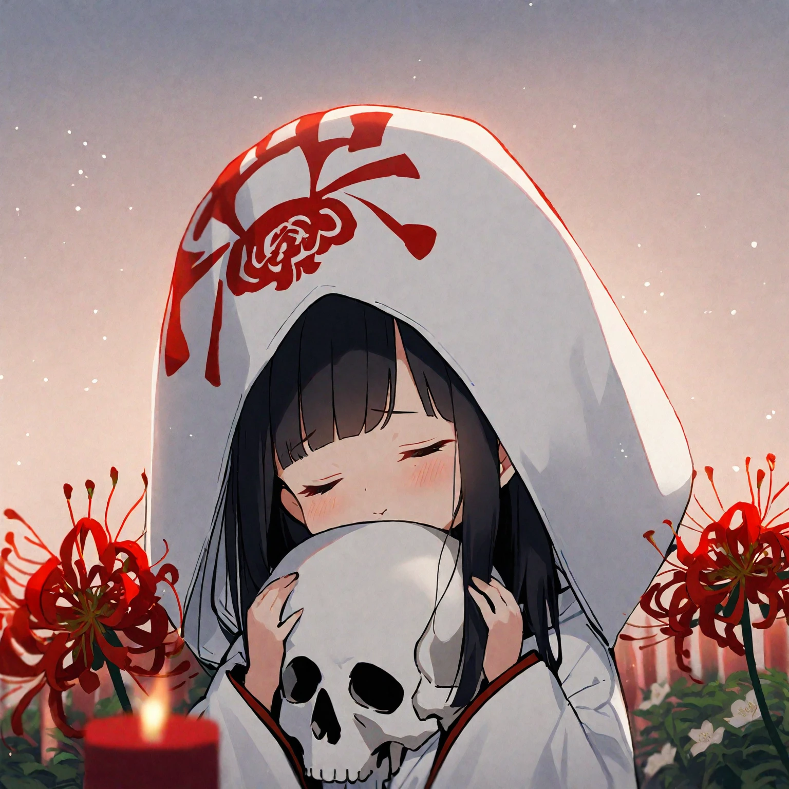 1girl、Black hair, long hair、straight hair、
white kimono,wedding,wataboushi,uchikake,standing,white hood,、shiromuku、 skull, cheeks to skull, red candle、red spider Lily、flower garden、evening,faint light、deep shadows