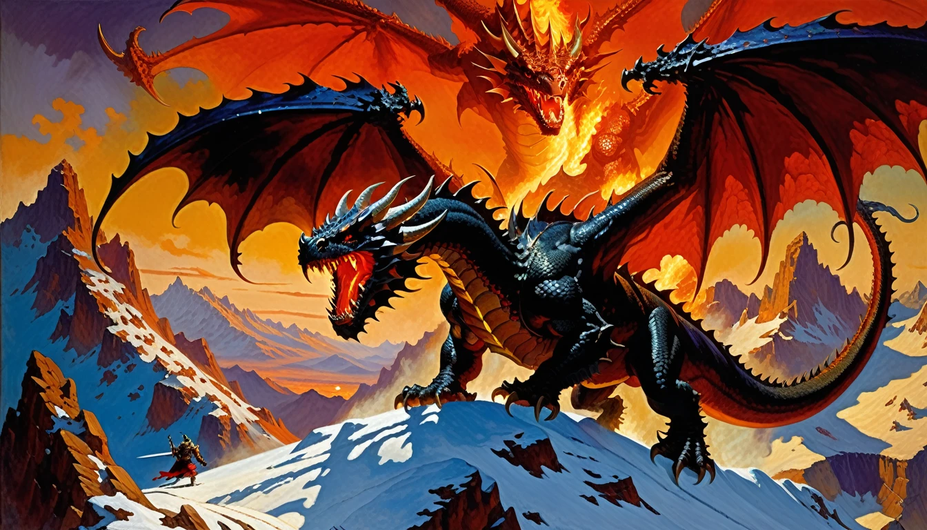 A colossal dragon with shimmering scales and fiery breath perches atop a snow-capped mountain, its wings casting a vast shadow over the land below. A lone knight, dwarfed by the creature's size, bravely charges forward, sword raised high.  Frank Frazetta style, oil painting, dynamic composition, epic, powerful, awe-inspiring.