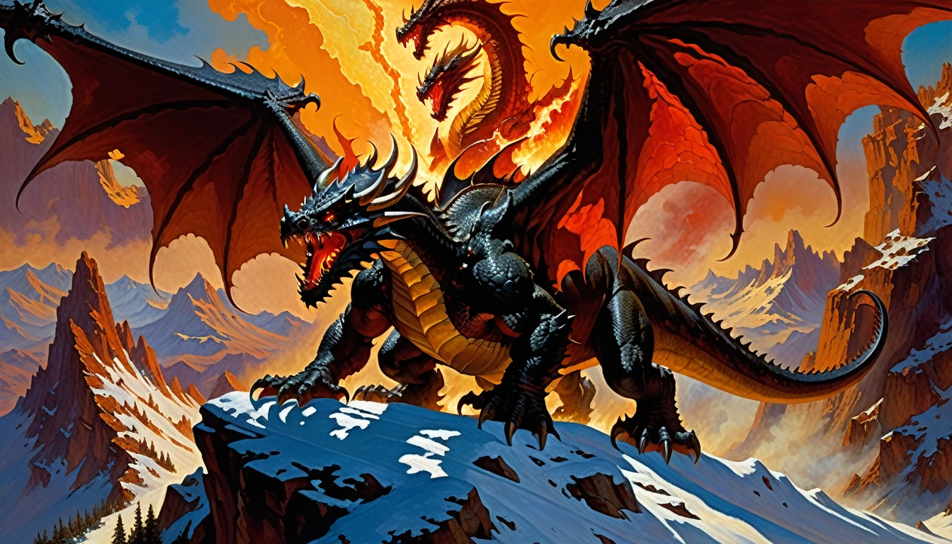 A colossal dragon with shimmering scales and fiery breath perches atop a snow-capped mountain, its wings casting a vast shadow over the land below. A lone knight, dwarfed by the creature's size, bravely charges forward, sword raised high.  Frank Frazetta style, oil painting, dynamic composition, epic, powerful, awe-inspiring.