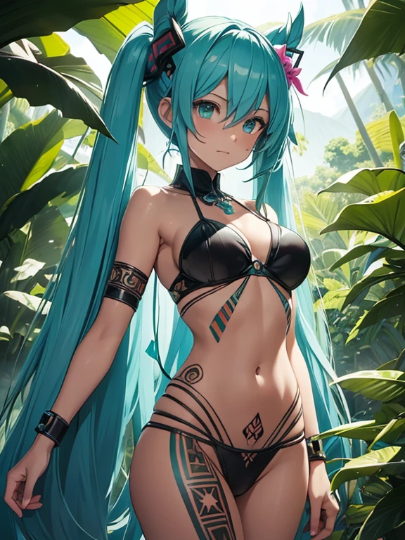 Miku Hatsune, piel bronceada, alta definicion, tatuaje tribal, prehispanic clothes, mayan gir, piramid maya landscape, jungle, tribal body paiting