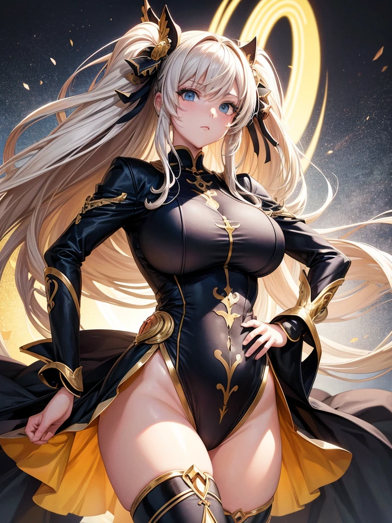 Anime, (piece of art, better quality, ultra detailed, High contrast), 1 woman (One, whole body, plus size body, I'm standing on the edge of a skyscraper, silver hair, LONG IN THE TAIL, Red eyes, perfect eyes ruby sparkles, (simple black qipao, black cybernetics with neon pink), black transparent socks), (The roof of a skyscraper, with city view, detailed background ((night time, darkness, low light pollution)))