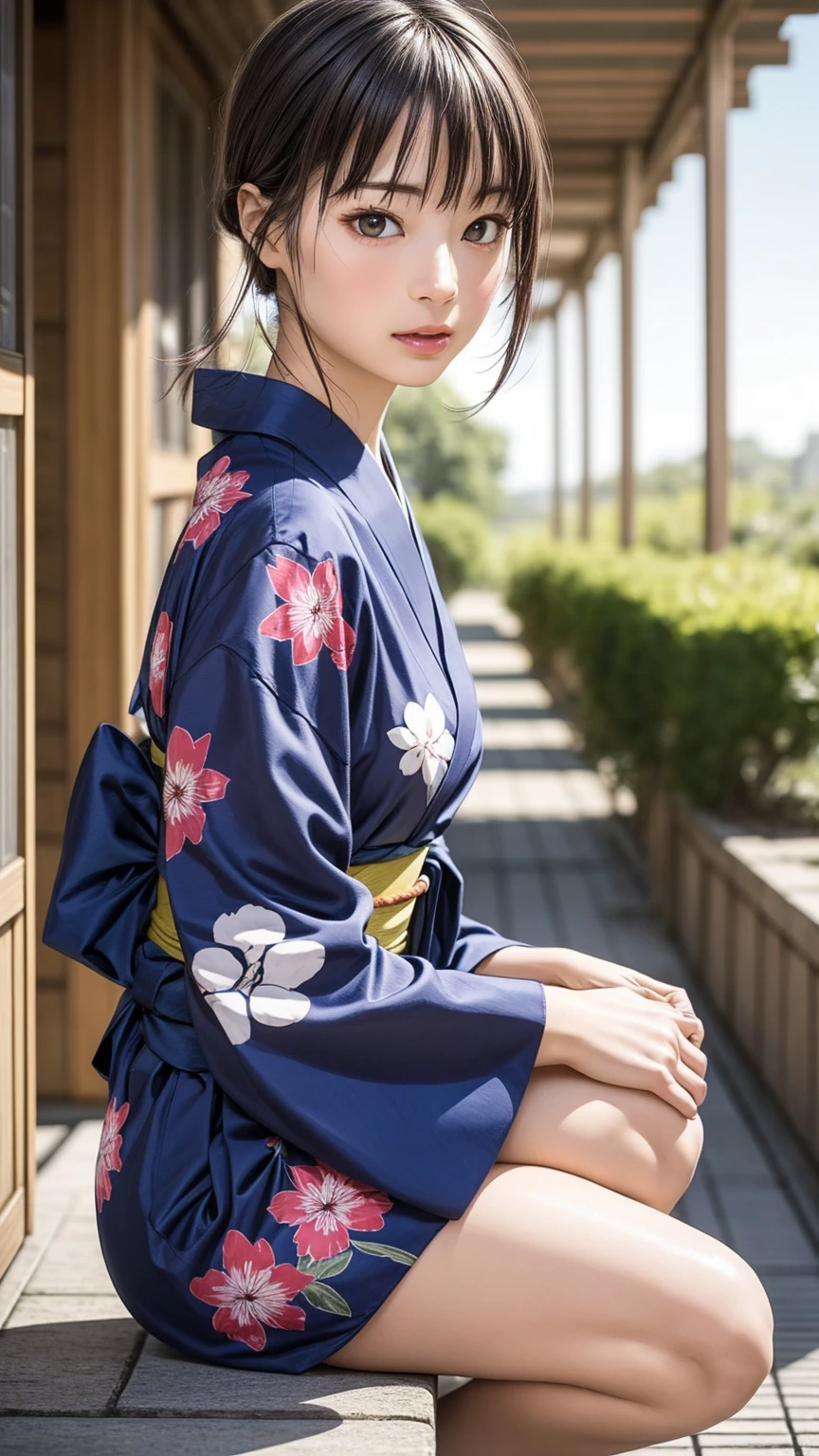 8K quality、High resolution、Realistic skin texture、High resolutionの瞳、woman、Japan summer yukata、Princess Hair、thin、リアルなwoman器、White thighs、Small breasts、Small breastsの谷間、Brown Hair、thin脚、Sweat、Shooting from the side、Bright sunshine