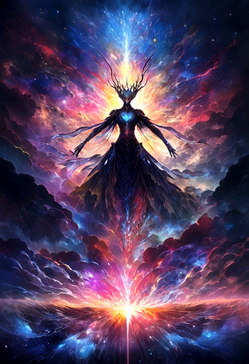 In the dimension of stellar collisions, The legendary snake Orokki appears as the embodiment of heavenly wrath.. Your body is a symphony of vibrant colors, Reflecting the birth of a star. His eyes glowed with cosmic fire, Tendrils of energy swirled around his form like ethereal lightning.. A very graceful snake being emits colorful ultrasonic sounds,Both surprising and terrifying, How to harness the power of the universe itself, In the vortex of space, Spiral galaxies and places where stars explode, The snake reigns, amazing, Catastrophe, And Beyond Sendent, Invoke the powers of heaven.style: ultra realistic digital painting,A dynamic interplay of intricate detail and color.execution: シュールなstyleで表現, Using advanced digital technology、Capturing the complex interstellar environment of snakes and the energy of celestial bodies, Full Body Lesbian, Very detailed, 8k, Depth of written boundary, Behance Photographs , Cinematic Color Grading, c