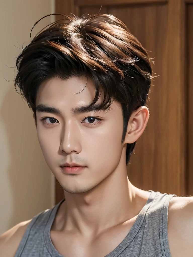 Best quality, High quality, A high resolution, 4K, Masterpiece, detailed face, handsome 29 year old korean man, tank top, he is now at home, half length photo 