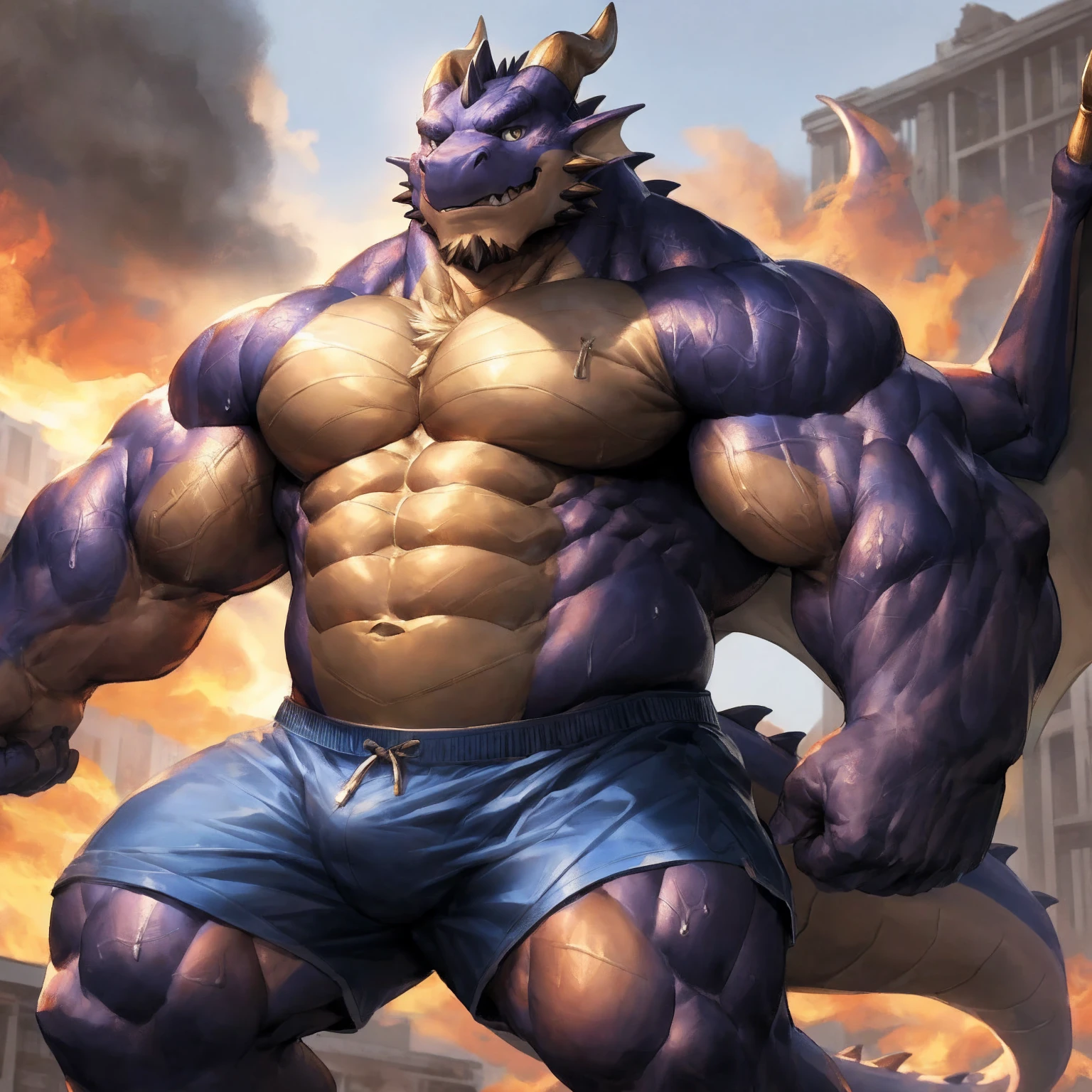 human nature, cannon, male, solitary, ((the strong，Handsome)), ((dragon) fur), Chibo，Six-pack abs，(School Background)，Blue shorts，Sweat:1.3,White Socks，high quality, (4k,high quality, high resolution, masterpiece), Front view (close up), cartoon,by lindong