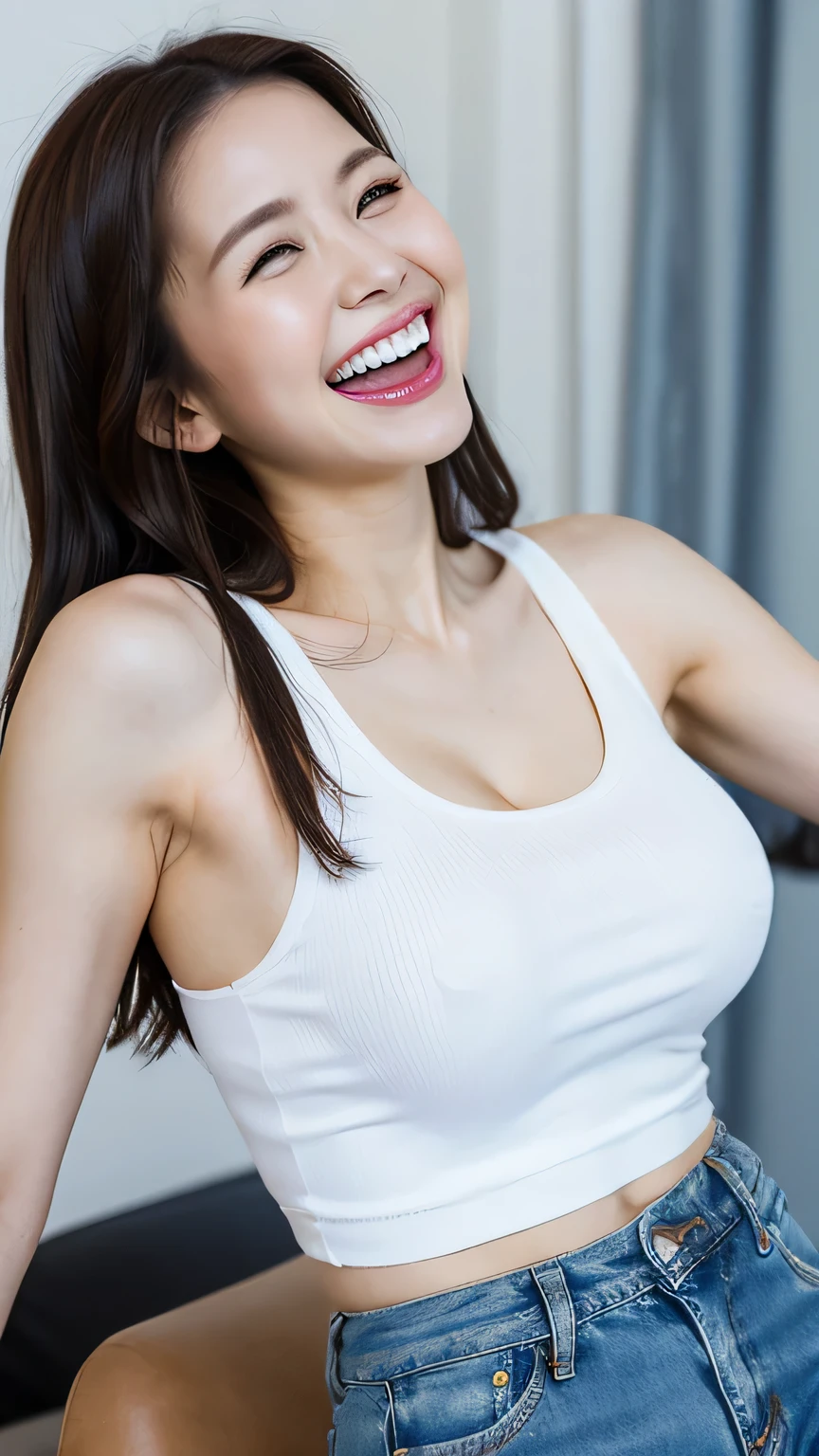 Top quality, 1 beautiful woman, wearing white tank top,denim pants 35mhalf-smilem lens, f/1,in living, busty breasts,big_laugh