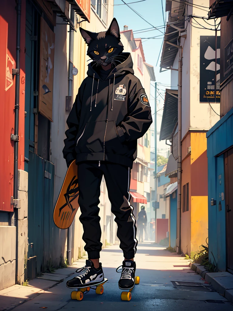 c4tt4stic, Gato preto de desenho animado com jaqueta com skate, oculos de sol,com jaqueta preta de couro,Cat standing with skateboard on paws with skateboard 