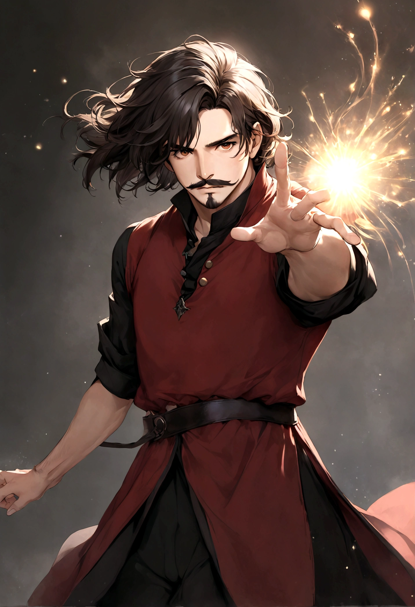 (tunic with red and black colors for men), ), ((bigote estilo Van Dyke y (barba de chivo) "Van Dyke", Van Dyke beard)), (light brown eyes), Aspecto atractivo y serio, ((cabello muy largo oscuro, messy hair)), Elegante y con estilo, magician style tunic, Un hombre similar al actor Jim Morrison con el cabello largo, ((cabello muy largo)), (Imagen realista y de alta calidad), laboratorio medieval, ((La mejor calidad, 8K, obra maestra).((dynamic pose with spells in hand with particles and looking forward, viendo al espectador)), (cabello largo pasando los hombros)