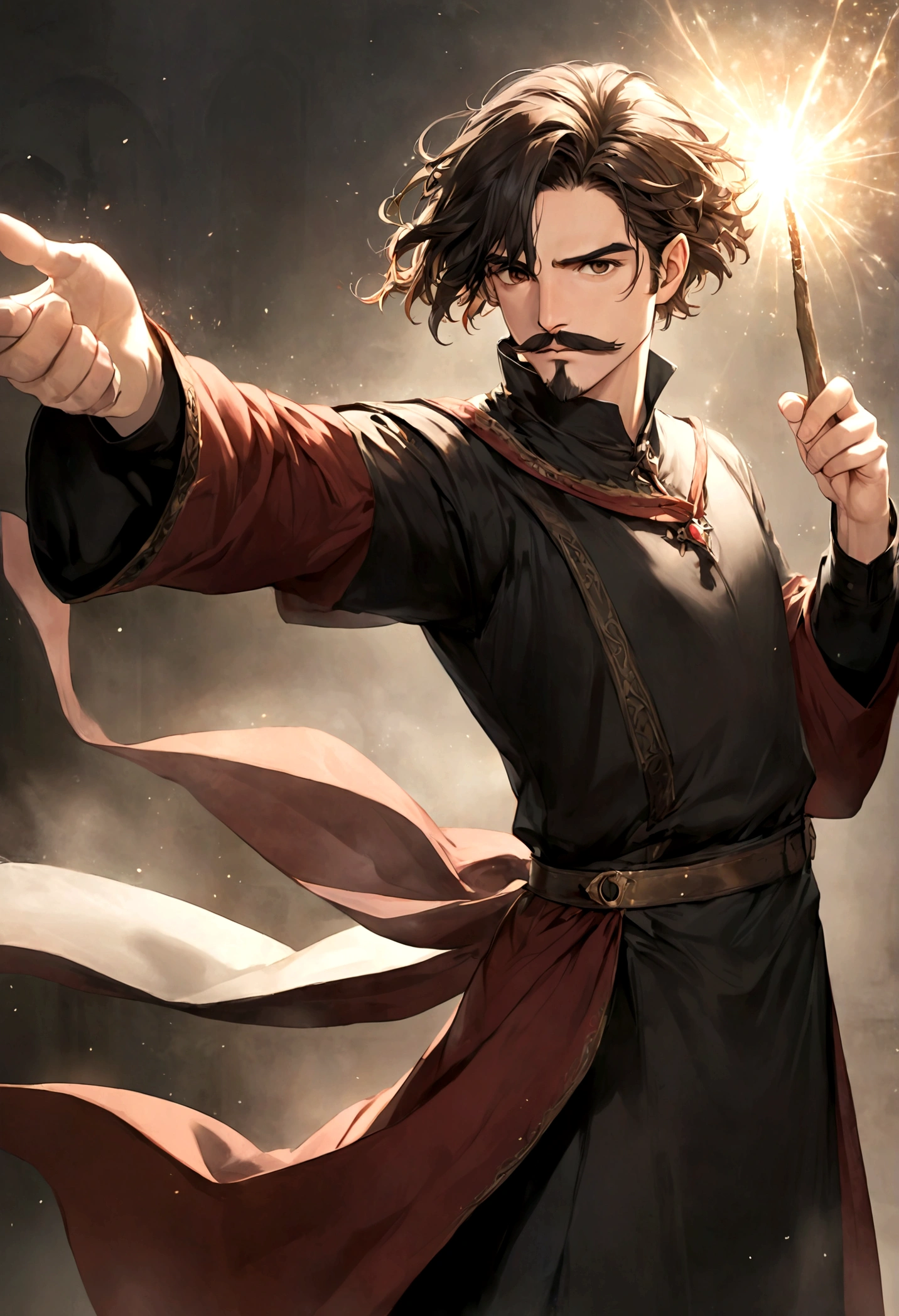 (tunic with red and black colors for men), ), ((bigote estilo Van Dyke y (barba de chivo) "Van Dyke", Van Dyke beard)), (light brown eyes), Aspecto atractivo y serio, ((cabello muy largo oscuro, messy hair)), Elegante y con estilo, magician style tunic, Un hombre similar al actor Jim Morrison con el cabello largo, ((cabello muy largo)), (Imagen realista y de alta calidad), laboratorio medieval, ((La mejor calidad, 8K, obra maestra).((dynamic pose with spells in hand with particles and looking forward, viendo al espectador)), (cabello largo pasando los hombros)