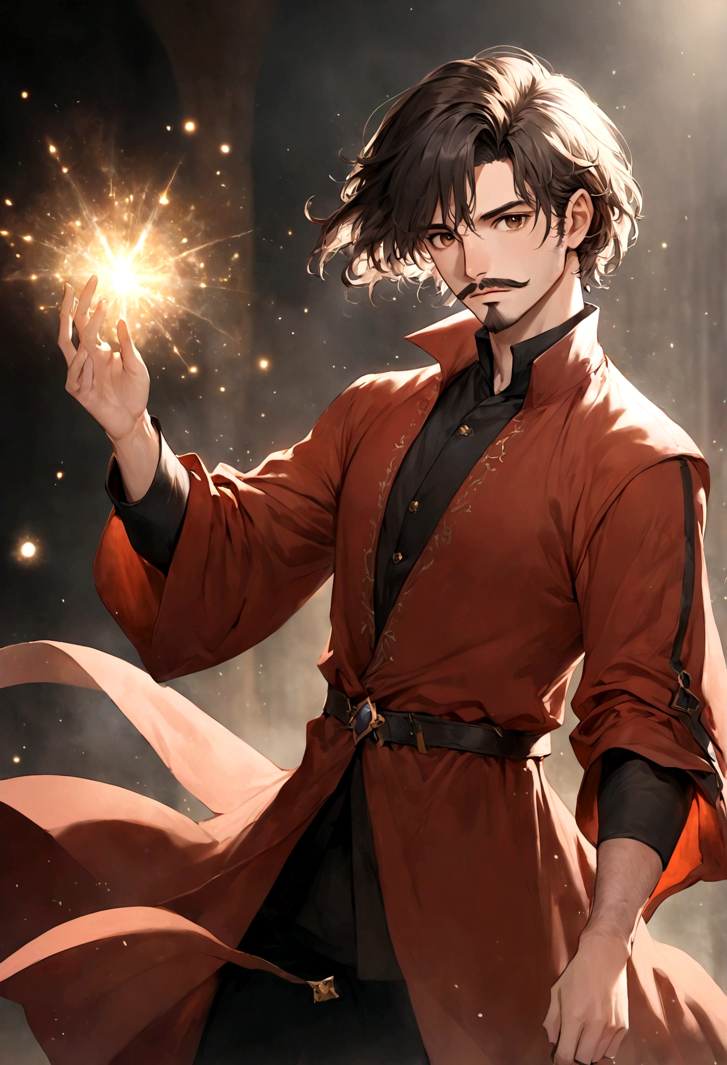 (tunic with red and black colors for men), ), ((bigote estilo Van Dyke y (barba de chivo) "Van Dyke", Van Dyke beard)), (light brown eyes), Aspecto atractivo y serio, ((cabello muy largo oscuro, messy hair)), Elegante y con estilo, magician style tunic, Un hombre similar al actor Jim Morrison con el cabello largo, ((cabello muy largo)), (Imagen realista y de alta calidad), laboratorio medieval, ((La mejor calidad, 8K, obra maestra).((dynamic pose with spells in hand with particles and looking forward, viendo al espectador)), (cabello largo pasando los hombros)